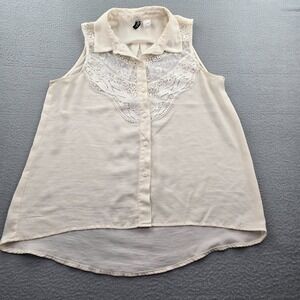 H&M Divided Shirt Top Women's 8 Beige Chiffon Lace Trim Sleeveless Button Front